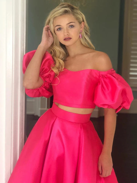 Off the Shoulder 2 Pieces Hot Pink Long Prom Dresses, Off Shoulder Hot Pink Formal Dresses, Hot Pink Evening Dresses VK0509005