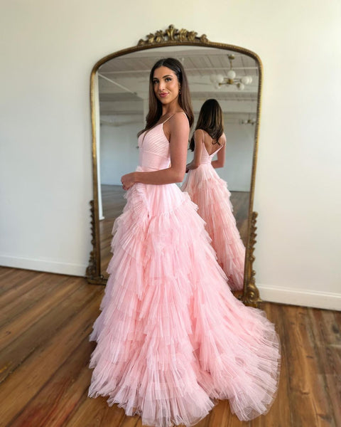 Cute A Line V Neck Sweetheart Pink Tulle Long Prom Dresses VK23022502