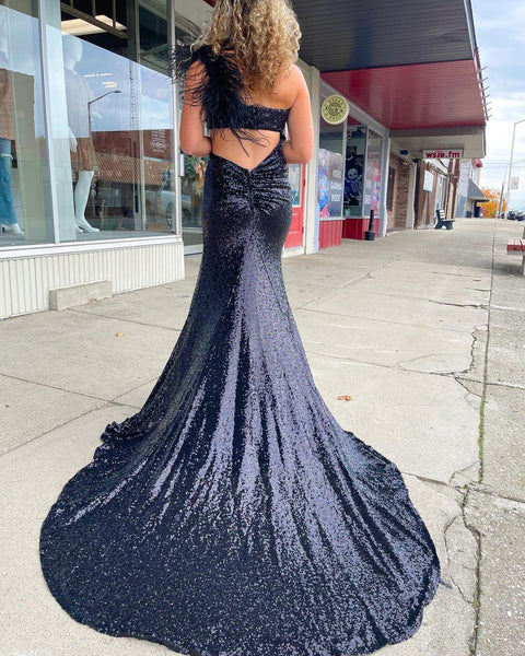 Charming Mermaid One Shoulder Black Sequins Long Prom Dresses with Slit VK10302