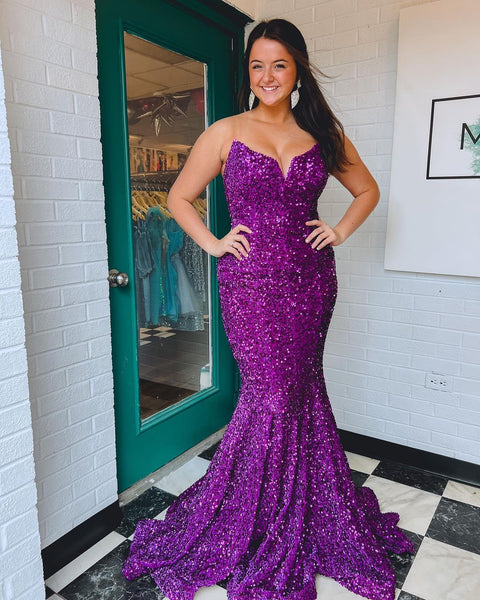 Cute Mermaid V Neck Purple Sequins Long Prom Dresses with Train VK120603