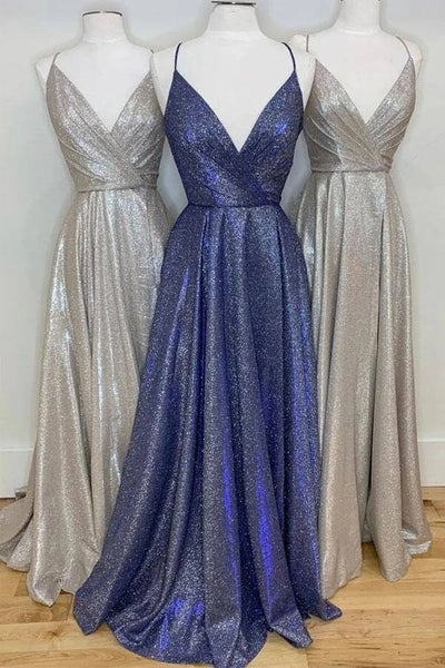 Sparkly A-line Spaghetti Straps Prom Dresses, Evening Dresses With Slit VK0801007