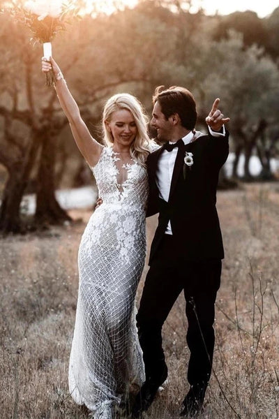 Mermaid Long Sleeves Floral Lace Wedding Dress with Sweep Train VK0129002