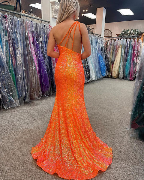 Charming Mermaid One Shoulder Orange Sequins Long Prom Dresses with Beading VK113001