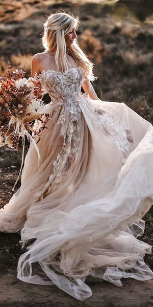 Fairy A Line Off the Shoulder Blush Pink Tulle Wedding Dress Spring Bridal Dress VK0901