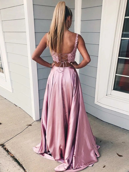 Free Shipping Gorgeous Satin 2 Pieces Prom dresses Square Lace Dresses With Slit VK0112019