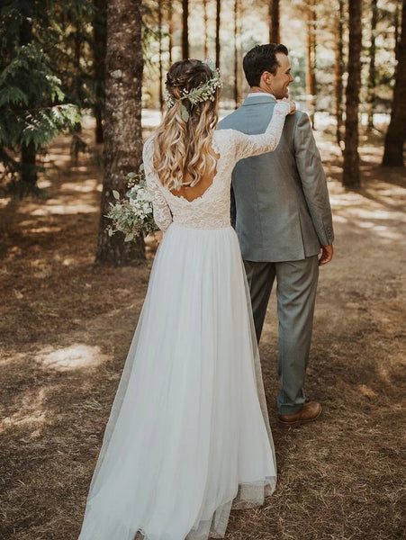 Elegant Simple Long Sleeves A-line Wedding Dresses Tulle Bridal Gowns VK0209001