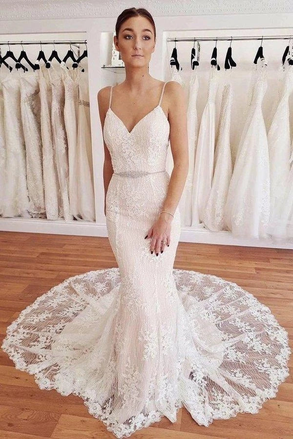 Free Shipping Elegant Spaghetti Straps Mermaid V Neck Lace Wedding Dresses Beach Bridal Dresses VK0120008