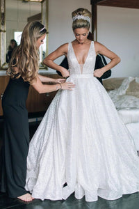 Sparkly Ball Gown Long Deep V-Neck Princess White Sequins Wedding Dress VK0322006