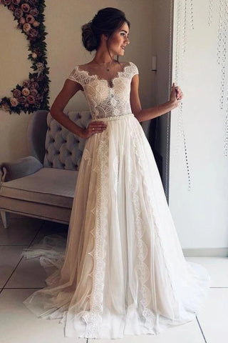 Free Shipping A Line Cap Sleeve Lace V Neck Chiffon Ivory Wedding Dresses Wedding Gowns VK0120023