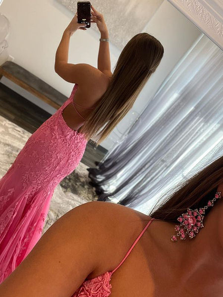 Stunning Mermaid V Neck Hot Pink Lace Prom Dress for 2022 VK22020705