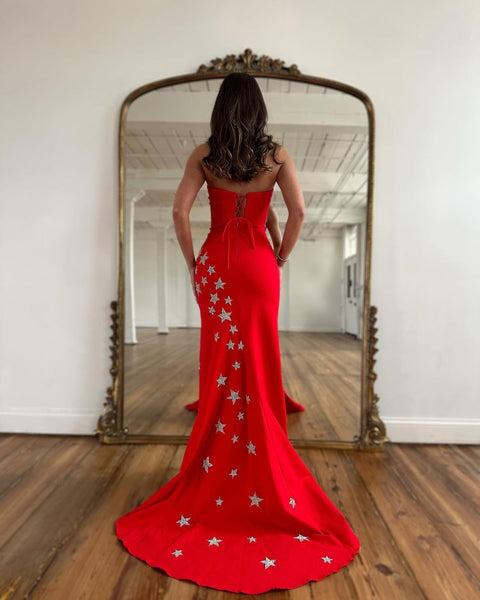 Charming Mermaid Strapless Red Satin Long Prom Dresses with Slit VK23012701