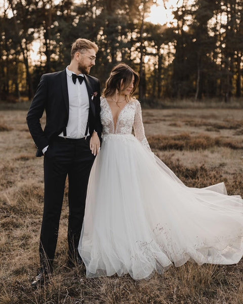 Elegant A Line V Neck Tulle Wedding Dresses with Lace VK111504