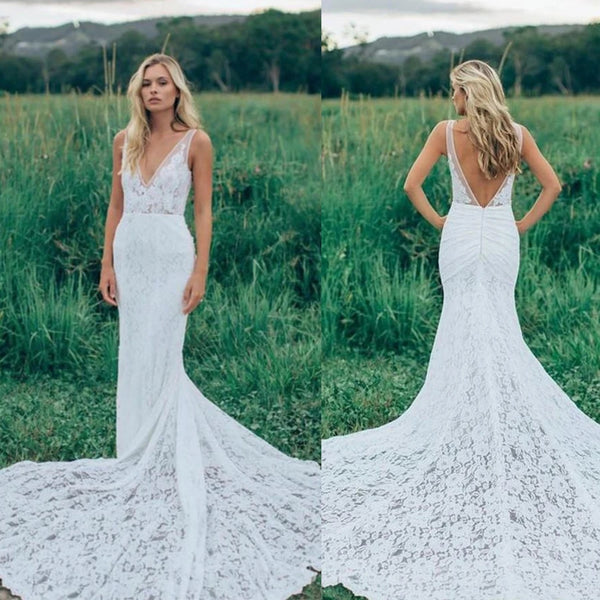 Charming Wedding Dress V Neck Sheath Wedding Gowns,Sweep Train Appliques Bridal Dresses VK0401007