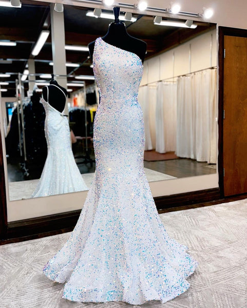 Charming Mermaid One Shoulder Royal Blue Sequins Long Prom Dresses VK112904
