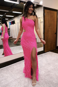 Pink One Shoulder Sequins Lace Mermaid Prom Dresses with Fringes VK24031505