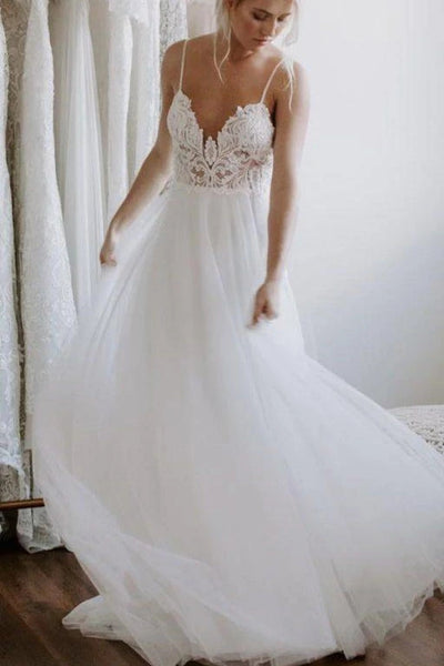 Charming A-Line Backless Spaghetti Straps Tulle Beach Wedding Dresses, Lace Applique Bridal Dress VK0501002