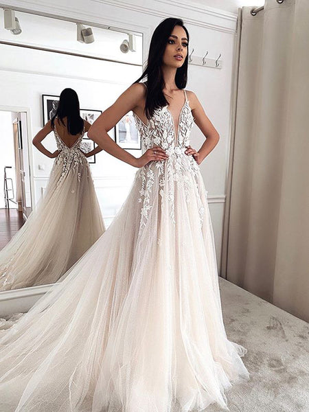 Princess A-Line V Neck Open Back Tulle Wedding Dresses with Lace Appliques VK0501006