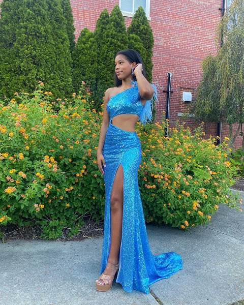 Cute Mermaid One Shoulder Royal Blue Sequins Prom Dresses with Slit VK23011305