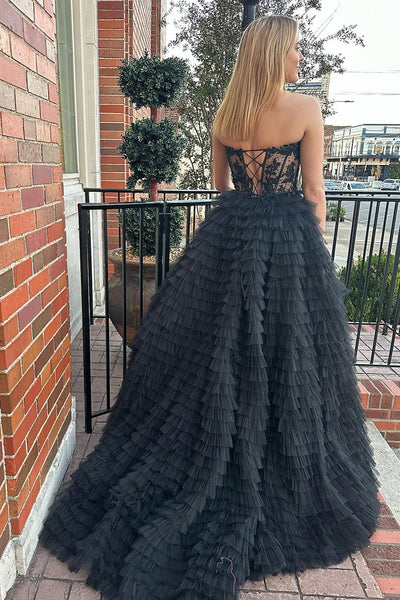 Black Sweetheart Tiered Tulle Long Prom Dresses with Appliques VK23112601