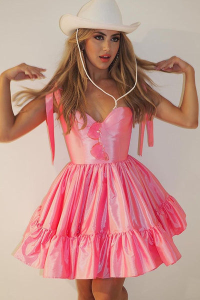 Simple Coral Satin Sweetheart Short Homecoming Dresses VK23081308