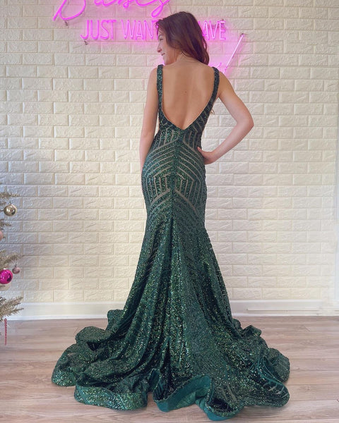 Charming Mermaid V Neck Dark Green Long Prom Dresses VK23012005