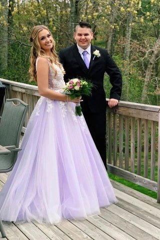 A Line Lilac Appliques V Neck Long Prom Dresses, Long Prom Formal Gowns VK0203003