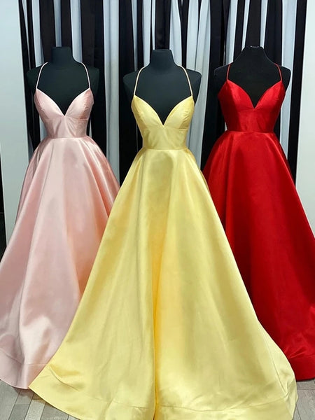 Free Shipping Simple A Line V Neck Cross Back Pink Satin Long Prom Dresses Formal Dresses Evening Dresses VK0119043