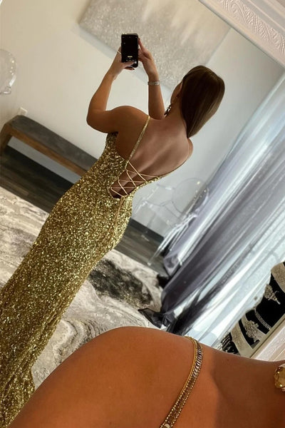 Charming Mermaid V Nekc Gold Sequins Long Prom Dresses with Slit VK111402