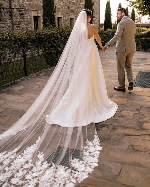 Elegant A Line V Neck Straps Satin Wedding Dresses VKWD073002