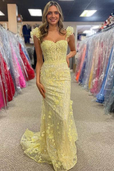 Sparkly Yellow Floral Sequins Lace Sweetheart Mermaid Long Prom Dress VK23112805