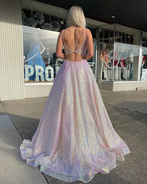 Cute Ball Gown V Neck Lavender Sequins Prom Dresses VK122904