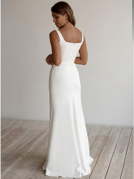 Whtie A-Line Sleeveless Floor-Length Satin Zipper-up Wedding Dress With Bateau Neck VK0701009