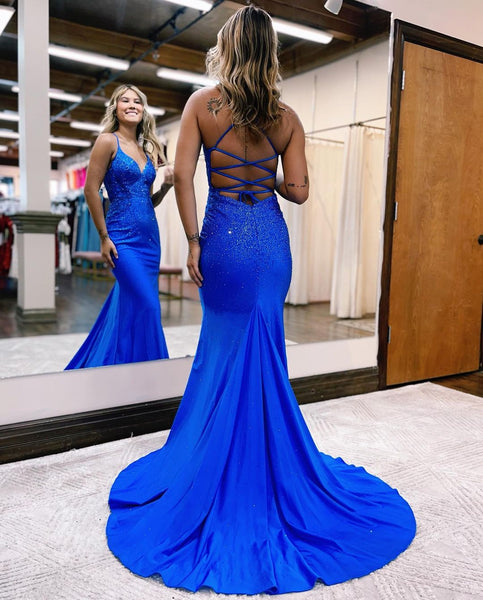 Charming Mermaid V Neck Royal Blue Satin Long Prom Dresses with Beading VK23050301