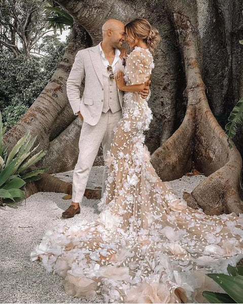 Luxurious Mermaid Ruffled Sleeves Tulle Wedding Dresses with 3D Tulle Flowers VKWD072701