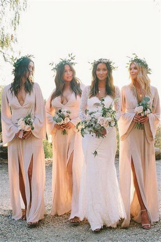 Boho A-Line Deep V Neck Long Sleeves Light Pink Bridesmaid Dresses VK0123008