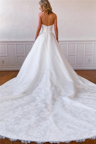 Lace Appliques Long Strapless White Wedding Dress with Pockets VK0316009