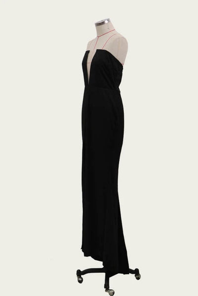 Sexy Black Mermaid V Neck Strapless Prom Dresses with Slit, Evening Dresses VK0127004