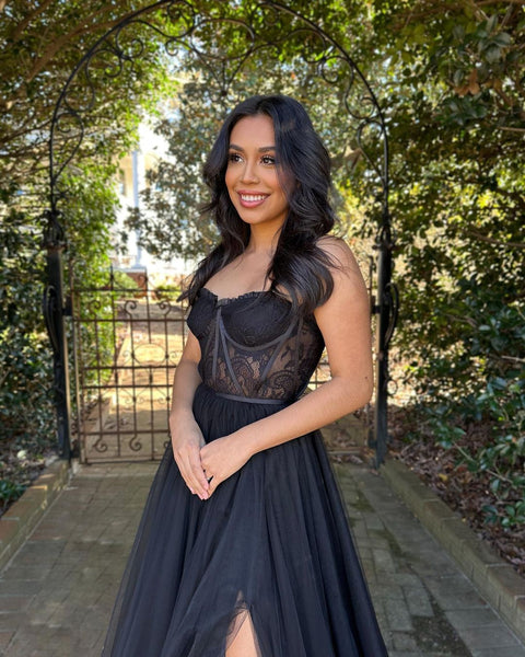 Cute A Line Sweetheart Black Tulle Long Prom Dresses with Slit VK112304