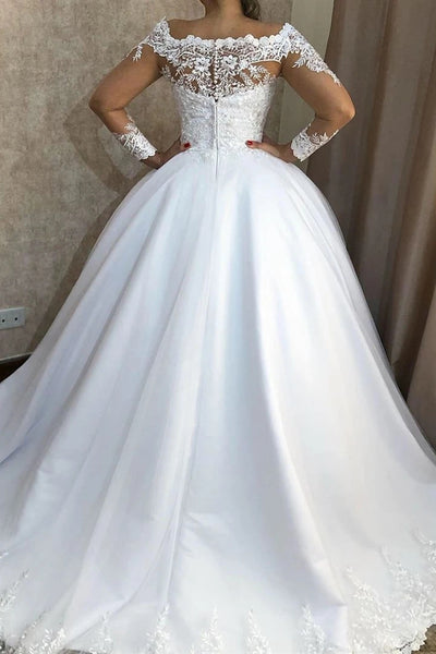 Long Sleeves A-line Off Shoulder White Wedding Dress with Lace VK0318016