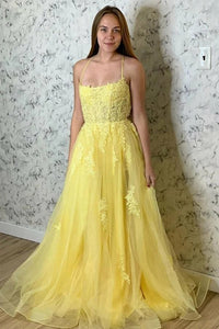 Yellow A-line Spaghetti Straps Lace Up Prom Dress With Lace Appliques VK0801009