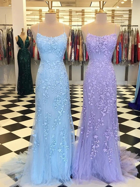 Free Shipping Charming Mermaid Prom Dresses Spaghetti Straps Tulle Prom Gowns with Appliques VK0105005