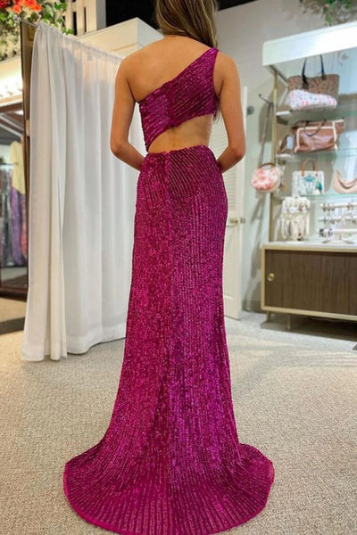 Mermaid One Shoulder Fuchsia Cut Out Prom Dress with Split Front VK23101003